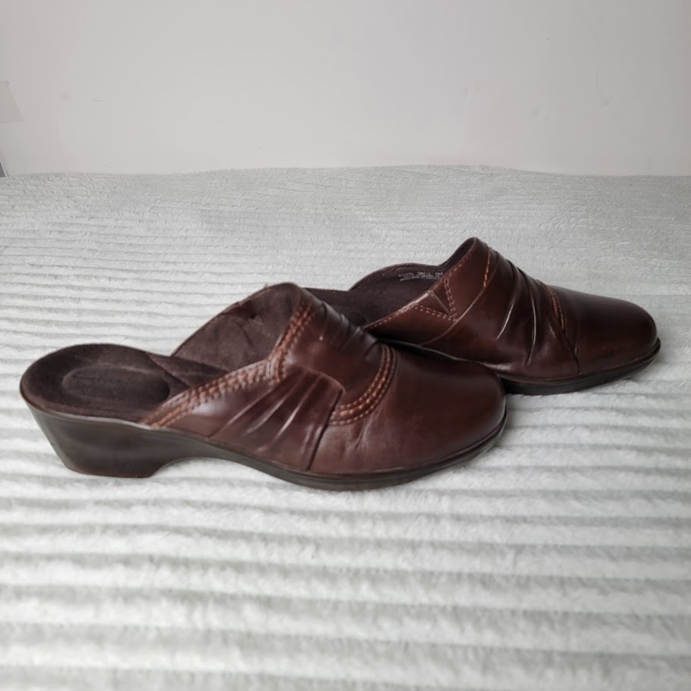 Clarks Bendables Mules 8M‎ Brown Leather Slip-On Comfort Wedge Heels Casual